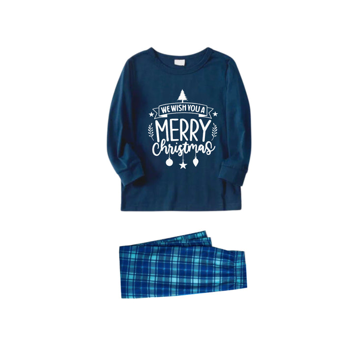 Mirla | Julfamilj-Pyjamas-Set - Marinblå & Himmelblå Rutiga Pjs med Vi Önskar Er En God Jul Slogantryck-Eva Jonsson