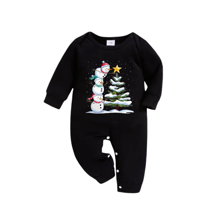 Mirla | Julfamilj-Pyjamas-Set - Svart Överdel och Grön Rutig Byxa med Snögubbe-Serietryck-Eva Jonsson
