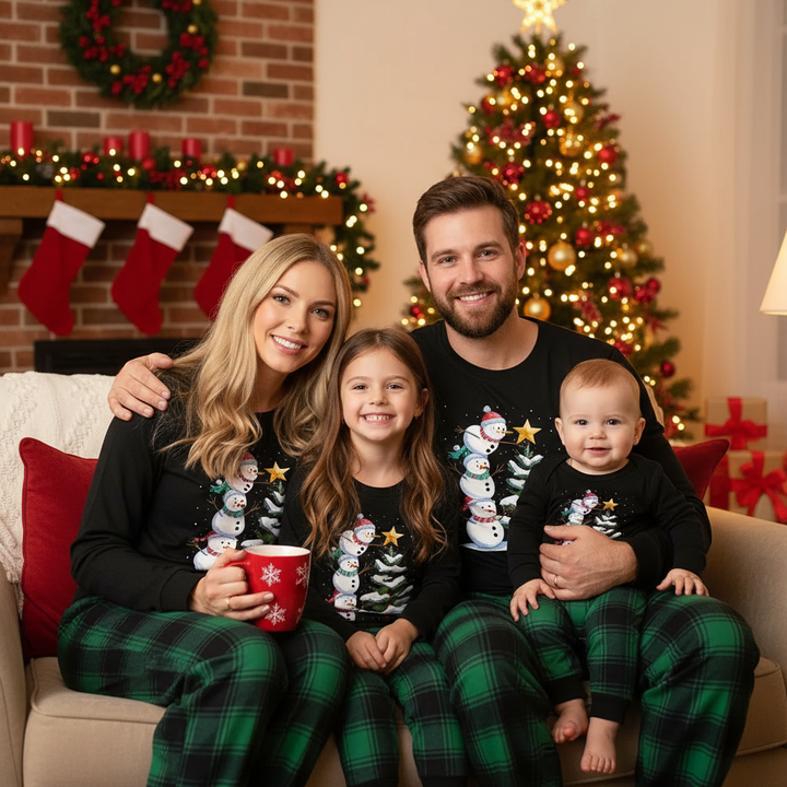Mirla | Julfamilj-Pyjamas-Set - Svart Överdel och Grön Rutig Byxa med Snögubbe-Serietryck-Eva Jonsson