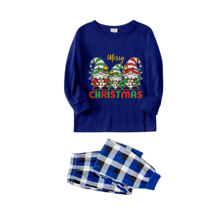 Mirla | Julfamiljens Matchande Pyjamas - Marinblå & Vit Rutig Pjs-Set med Tomte och God Jul Tryck-Eva Jonsson
