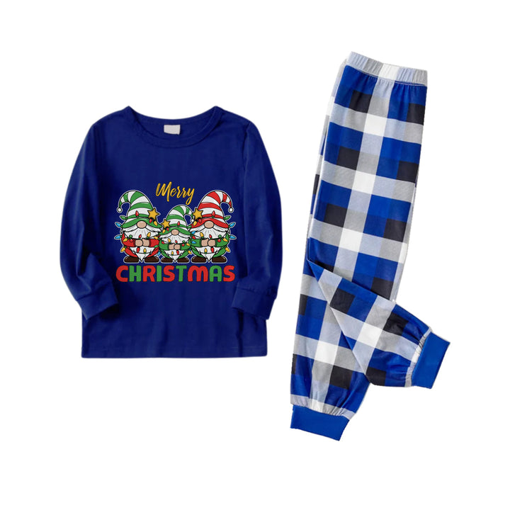 Mirla | Julfamiljens Matchande Pyjamas - Marinblå & Vit Rutig Pjs-Set med Tomte och God Jul Tryck-Eva Jonsson