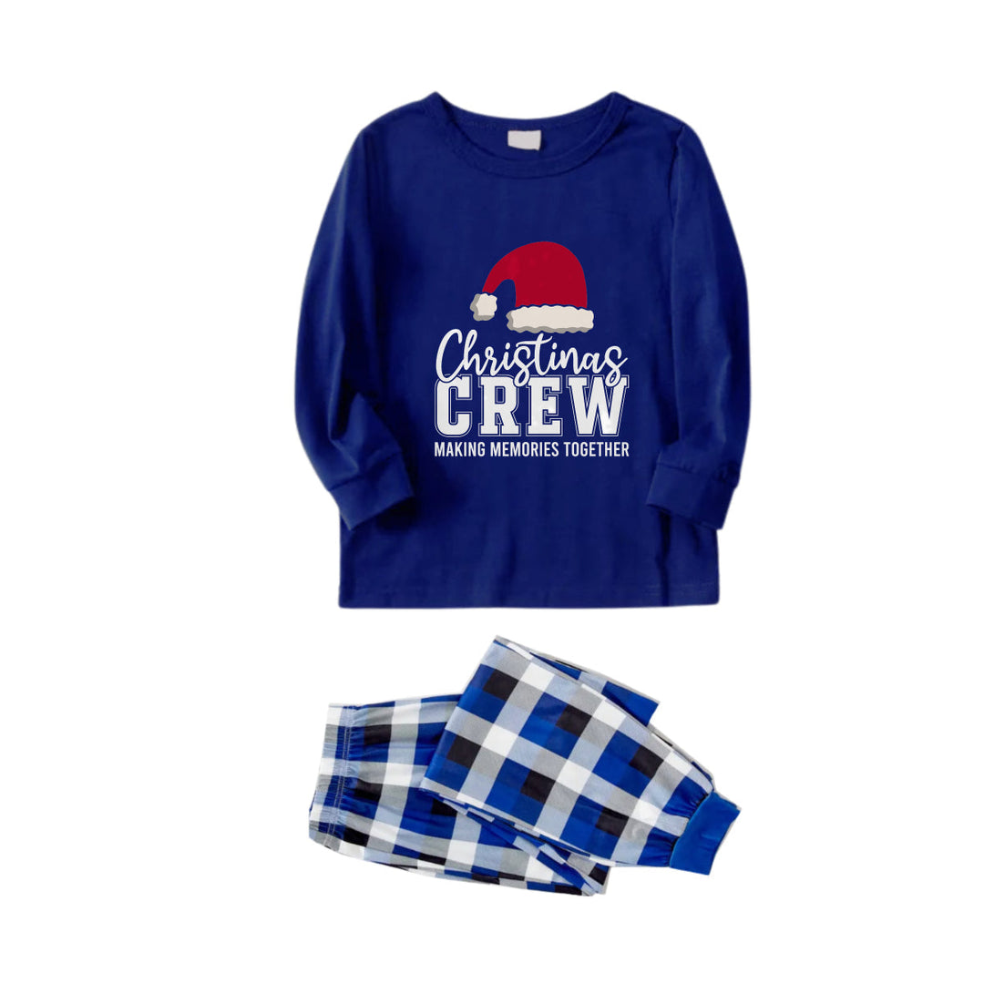 Mirla | Julfamiljens Matchande Pyjamas - Marinblå och Vita Rutiga Pjs-Set med Christmas Crew Making Memories Together och Tomtehattmönster Tryck-Eva Jonsson
