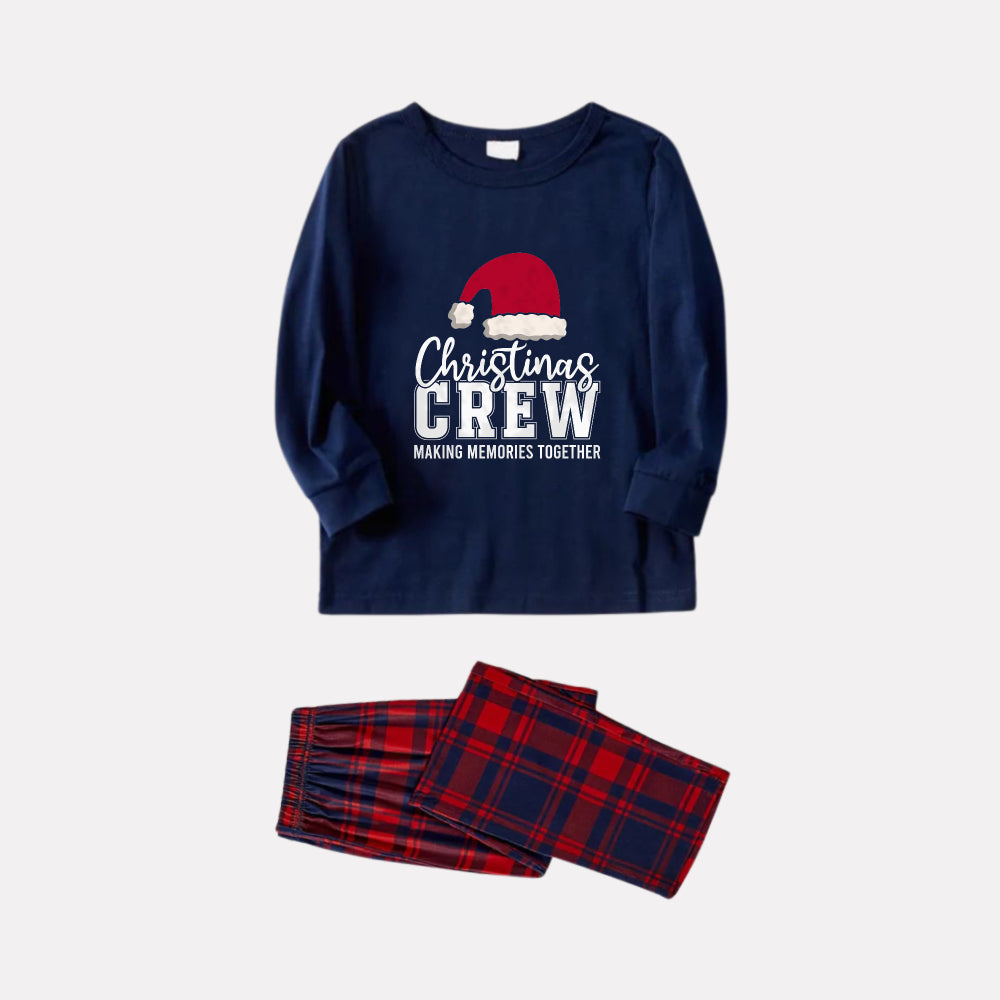 Mirla | Julfamiljepresentpyjamas - Navy & Röd Rutiga Pjs-Set med Christmas Crew Making Memories Together och Santa Hat Mönstertryck-Eva Jonsson