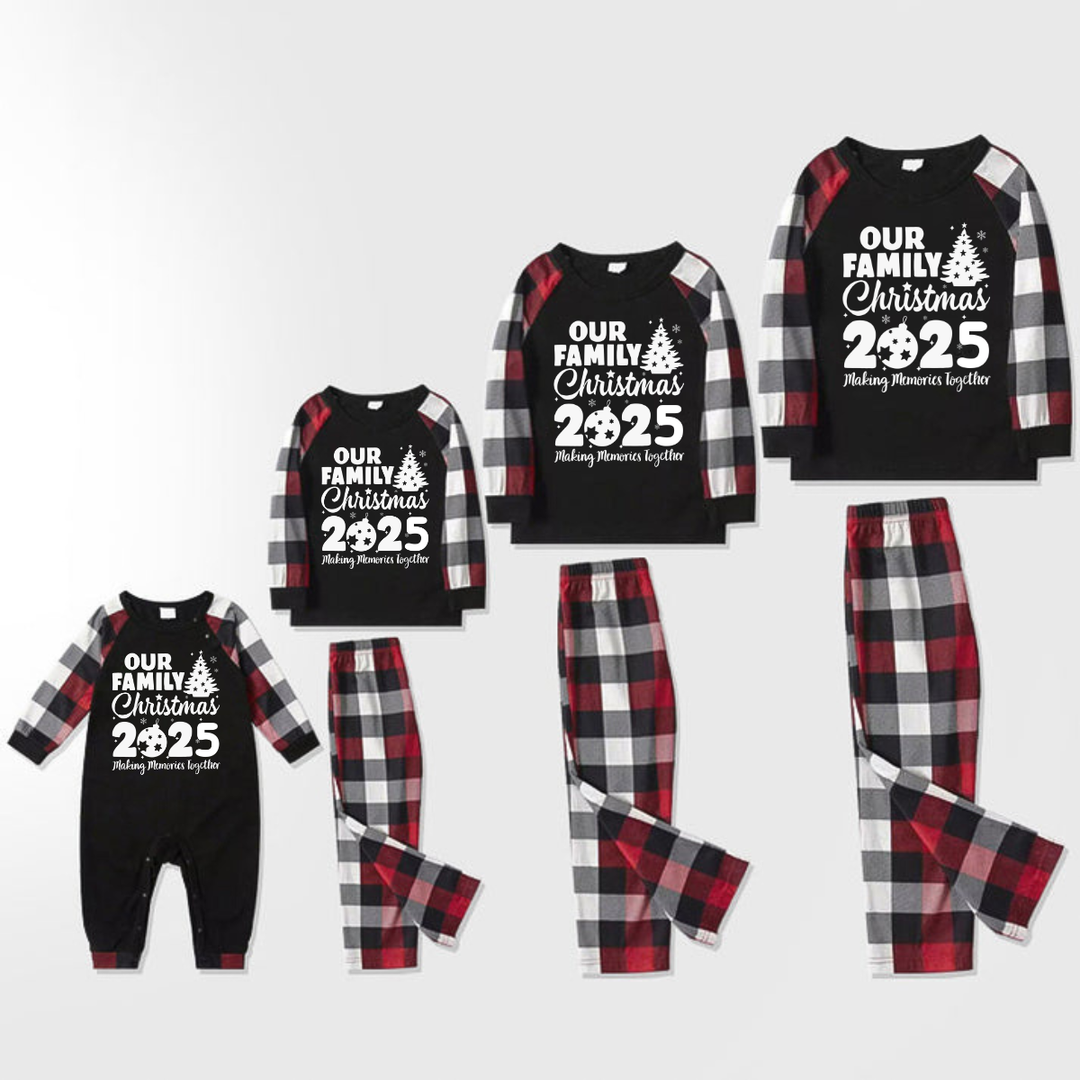 Mirla | Julgran & 2025 Tillsammans Skapa Minnen Mönstrad Rutärm Kontrast Toppar och Röd & Svart & Vit Rutade Byxor Familj Matchande Pyjamas Set med Hund Bandana-Eva Jonsson