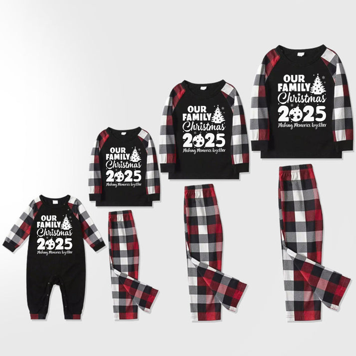 Mirla | Julgran & 2025 Tillsammans Skapa Minnen Mönstrad Rutärm Kontrast Toppar och Röd & Svart & Vit Rutade Byxor Familj Matchande Pyjamas Set med Hund Bandana-Eva Jonsson