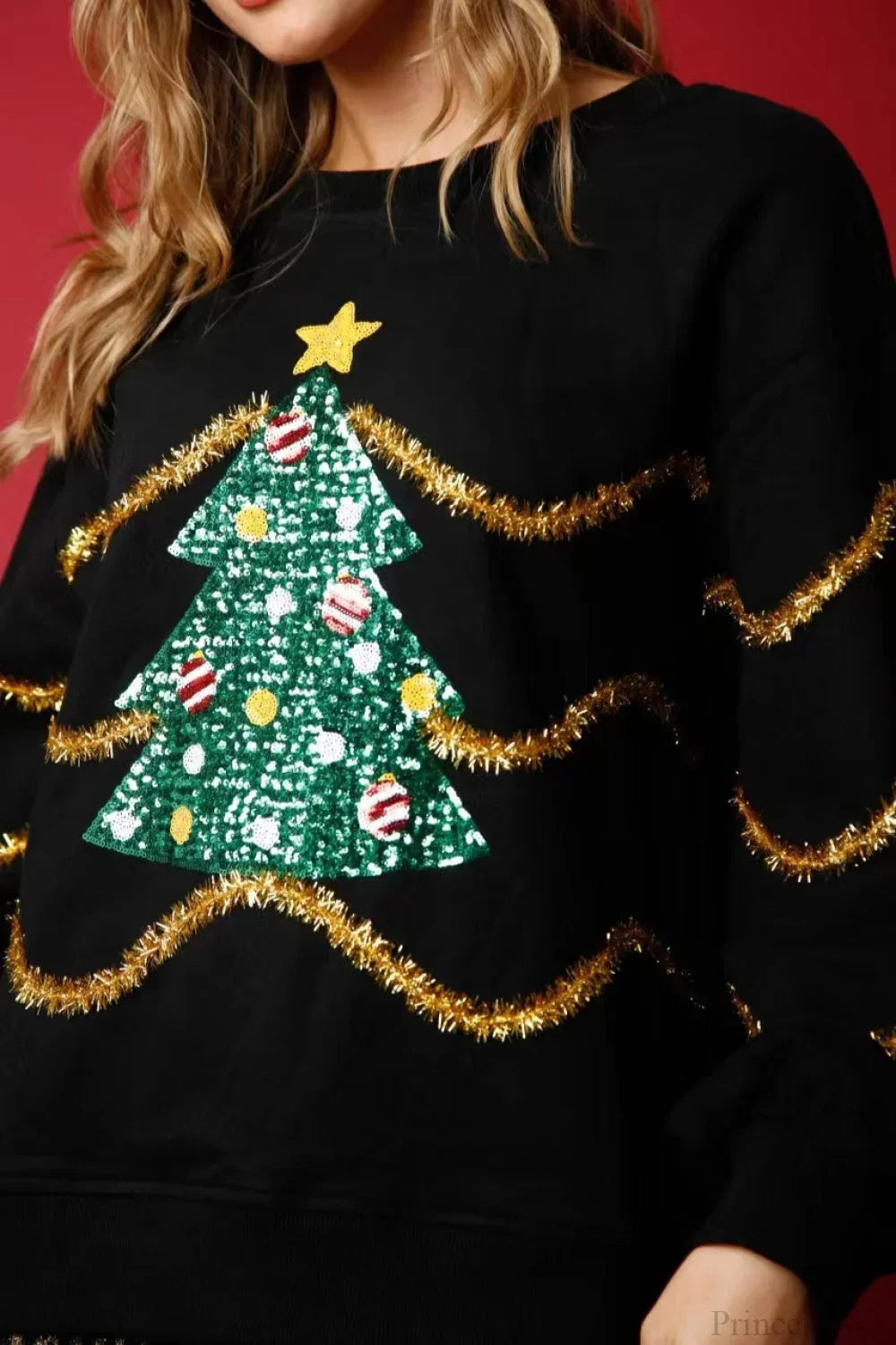 Mirla | Julgran Paljetter Avslappnad Lång Ärmar T-Shirt-Eva Jonsson