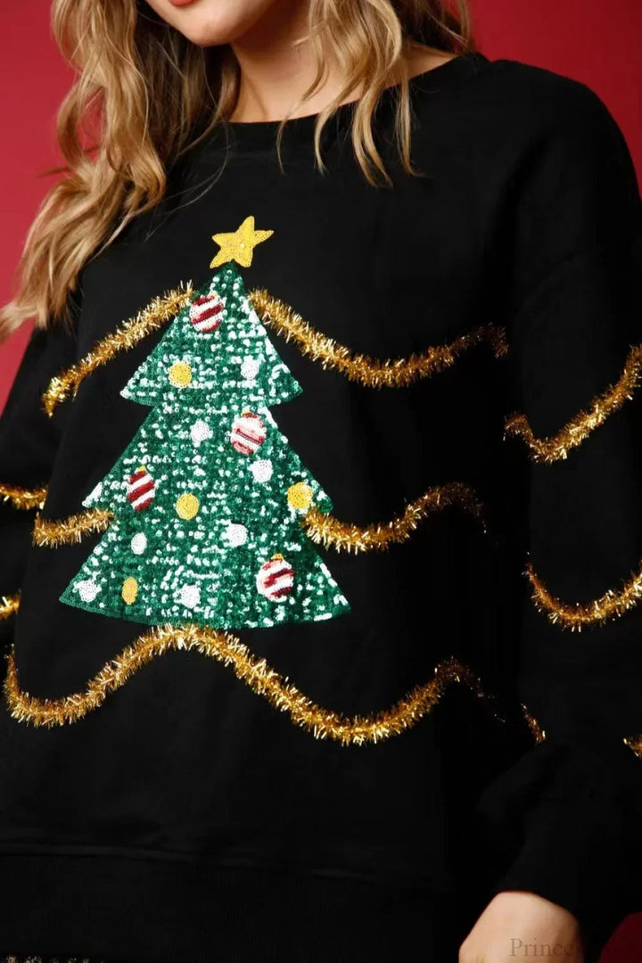 Mirla | Julgran Paljetter Avslappnad Lång Ärmar T-Shirt-Eva Jonsson