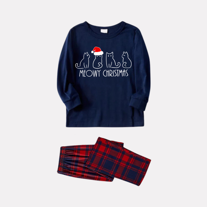 Mirla | Julkatttryck Blå Långärmad Topp med Röd & Blå Rutmönster Jul Familj Matchande Pyjamas-Eva Jonsson