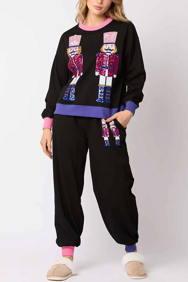 Mirla | Julman Paljetter Fritids Sweatshirt och Elastisk Midja Lös Fickbyxor Set-Eva Jonsson