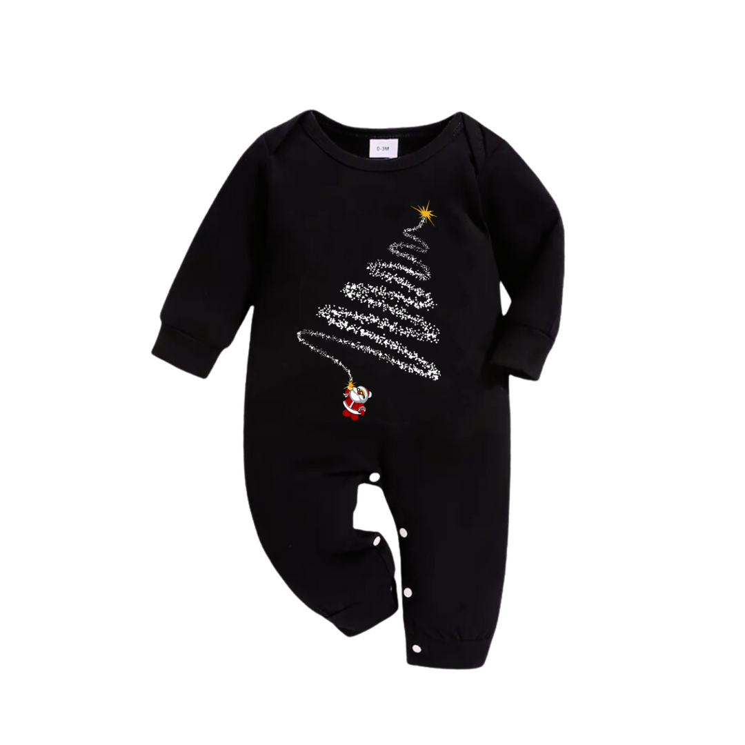 Mirla | Julman och Julgrantryck Svart Långärmad Topp med Grön och Svart Rutigt Familjepassande Pyjamas-Eva Jonsson