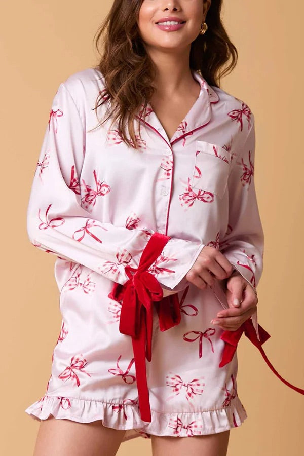 Mirla | Julmode Tryckt Fluga Topp och Elastisk Midja Volang Shorts Set-Eva Jonsson