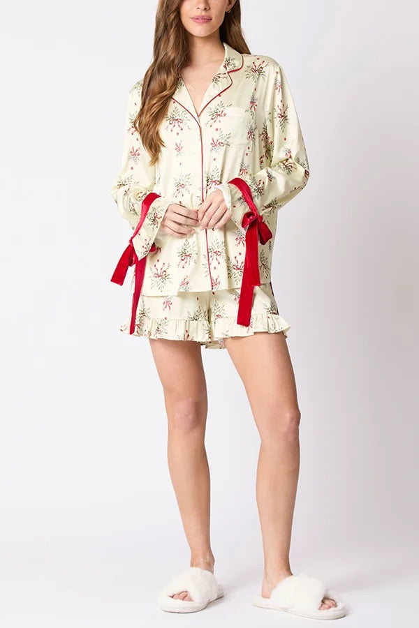 Mirla | Julmode Tryckt Fluga Topp och Elastisk Midja Volang Shorts Set-Eva Jonsson