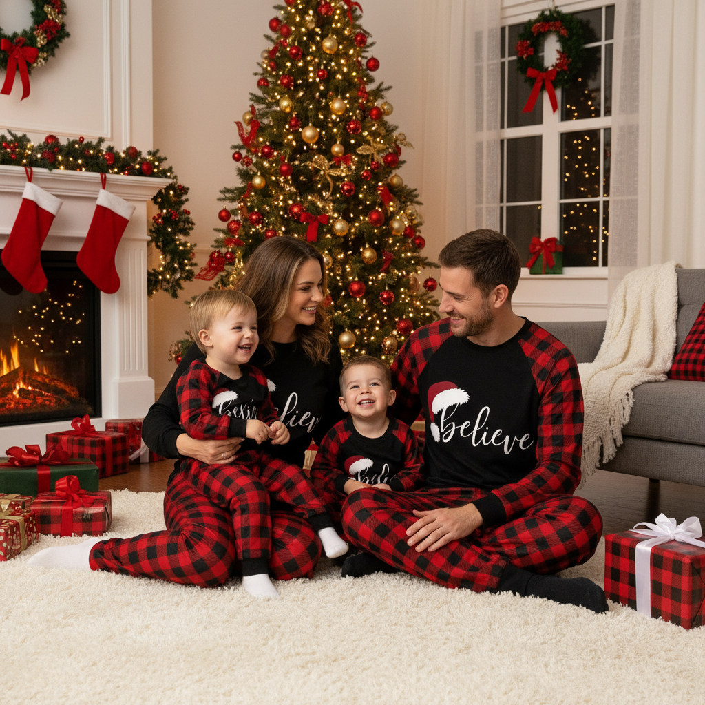Mirla | Julmössa och 'Believe' Bokstäver Tryck Mönster Kontrast Svart Topp och Svart & Röd Rutiga Byxor Familj Matchande Pyjamas Set-Eva Jonsson