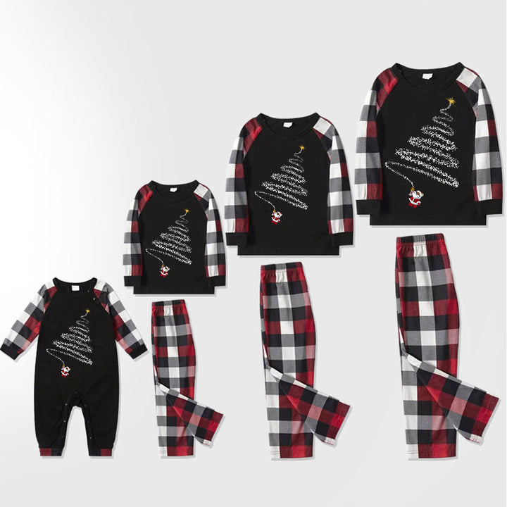 Mirla | Julnisse-Print-Mönster Fritids Långärmad Sweatshirt Kontrast-Toppar och Röd & Svart & Vit Rutigt Byxor Familj Matchande Pyjamas-Set med Husdjurs-Bandana-Eva Jonsson