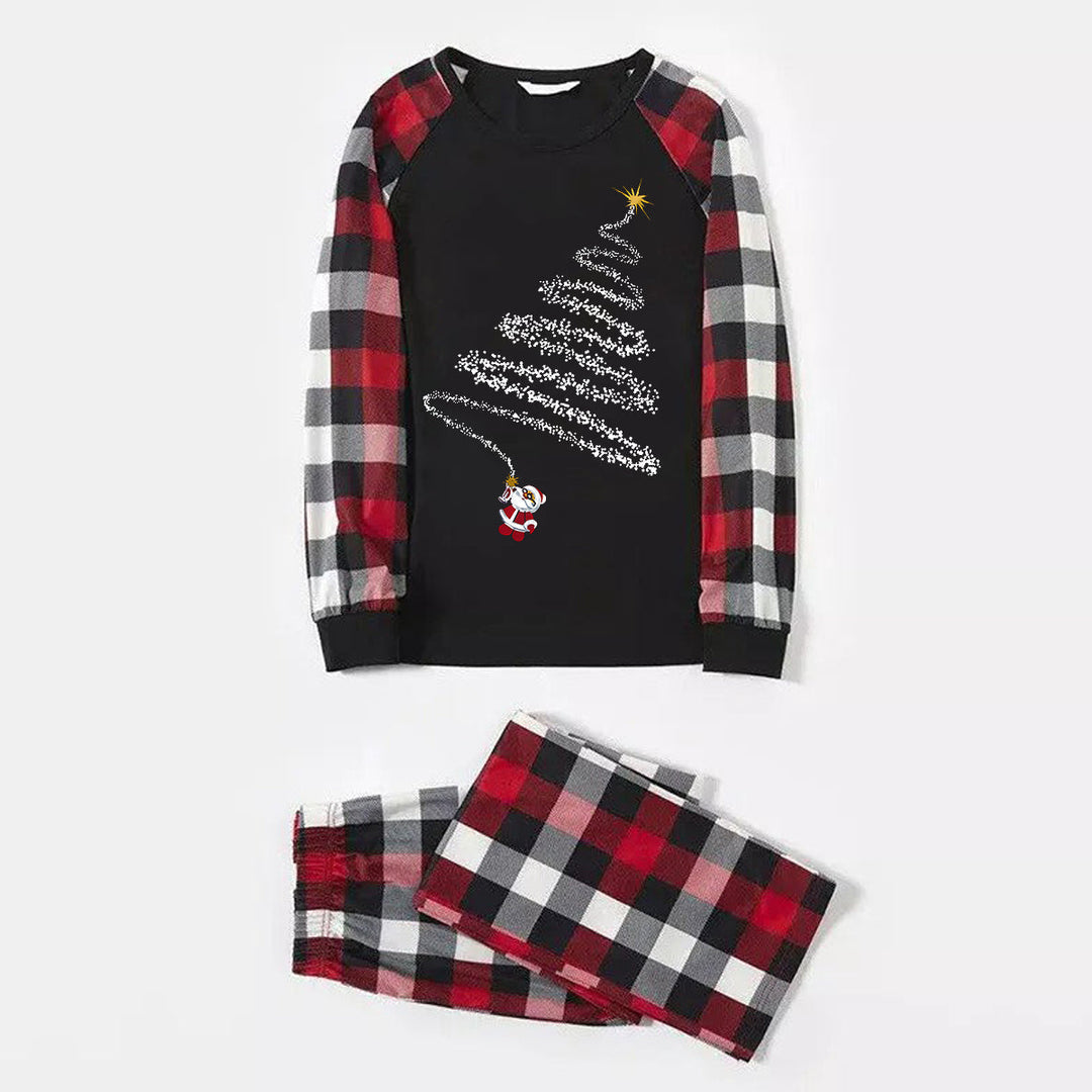 Mirla | Julnisse-Print-Mönster Fritids Långärmad Sweatshirt Kontrast-Toppar och Röd & Svart & Vit Rutigt Byxor Familj Matchande Pyjamas-Set med Husdjurs-Bandana-Eva Jonsson
