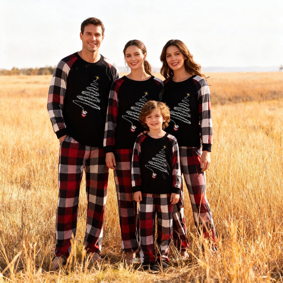 Mirla | Julnisse-Print-Mönster Fritids Långärmad Sweatshirt Kontrast-Toppar och Röd & Svart & Vit Rutigt Byxor Familj Matchande Pyjamas-Set med Husdjurs-Bandana-Eva Jonsson