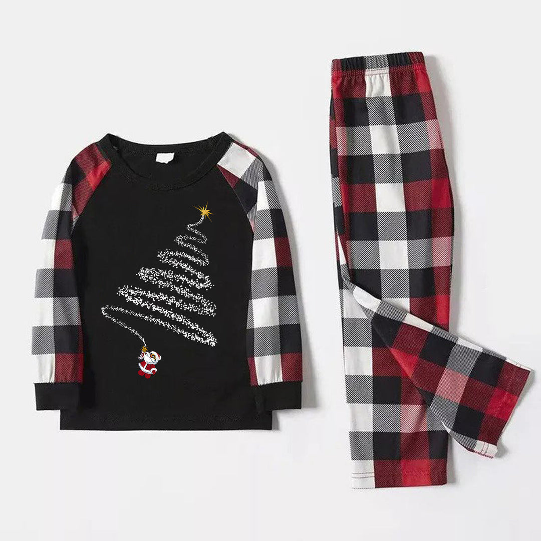 Mirla | Julnisse-Print-Mönster Fritids Långärmad Sweatshirt Kontrast-Toppar och Röd & Svart & Vit Rutigt Byxor Familj Matchande Pyjamas-Set med Husdjurs-Bandana-Eva Jonsson