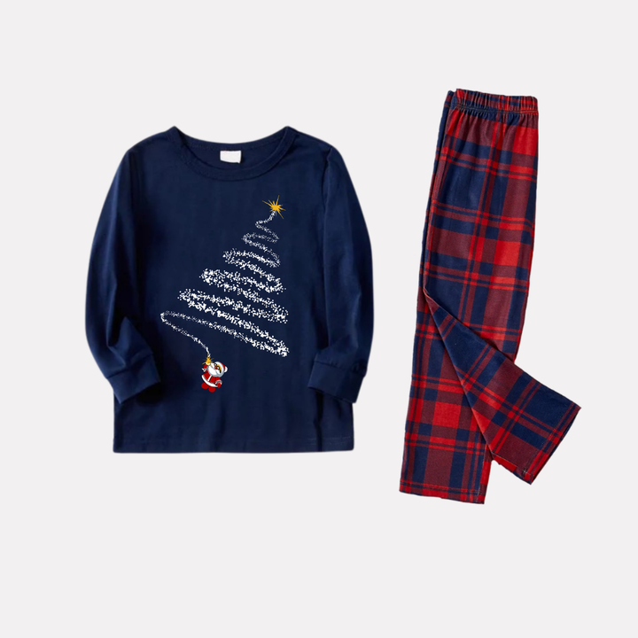 Mirla | Julnissens Tryck Blå Långärmad T-Shirt med Röd- och Blå-Rutigt Julfamiljepassande Pyjamas-Eva Jonsson