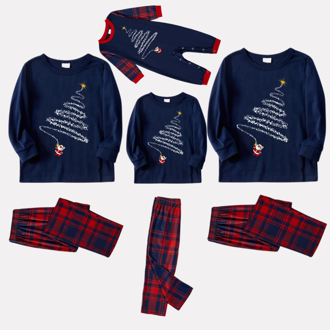 Mirla | Julnissens Tryck Blå Långärmad T-Shirt med Röd- och Blå-Rutigt Julfamiljepassande Pyjamas-Eva Jonsson