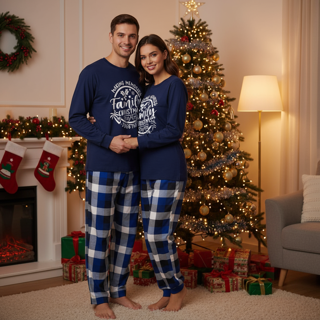 Mirla | Julpar Blå Rutat Pyjamas med Make Memories Together 2025 Tryck-Eva Jonsson