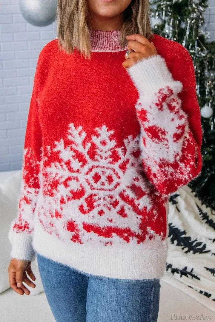 Mirla | Julröd Snöflinge-Mönster Rullkrage Löst Skuren Tröja-Eva Jonsson
