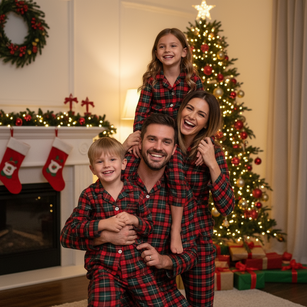 Mirla | Julröd och Grönrutigt Knappstängning Familjepyjamas Set-Eva Jonsson