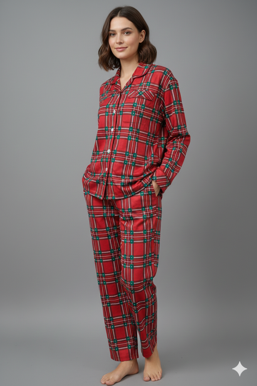 Mirla | Julröd och Grönrutigt Knappstängning Familjepyjamas Set-Eva Jonsson