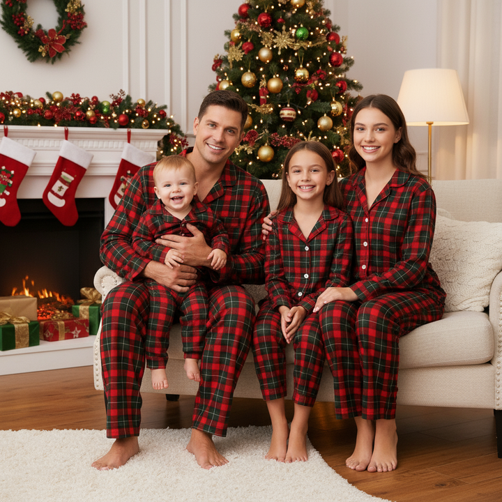 Mirla | Julröd och Grönrutigt Knappstängning Familjepyjamas Set-Eva Jonsson