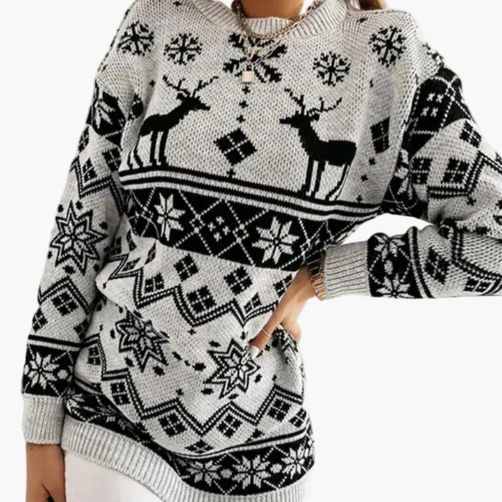 Mirla | Jultröja med Ren- och Snöflingemönster - Moderiktig Vintertröja för Festliga Tillfällen-Eva Jonsson