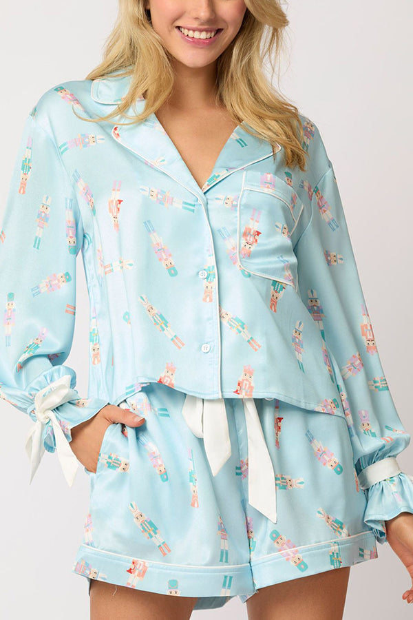 Mirla | Jultryck Snörning Ribbad Topp och Elastisk Midjeband Fickor Fritids Shorts Set-Eva Jonsson