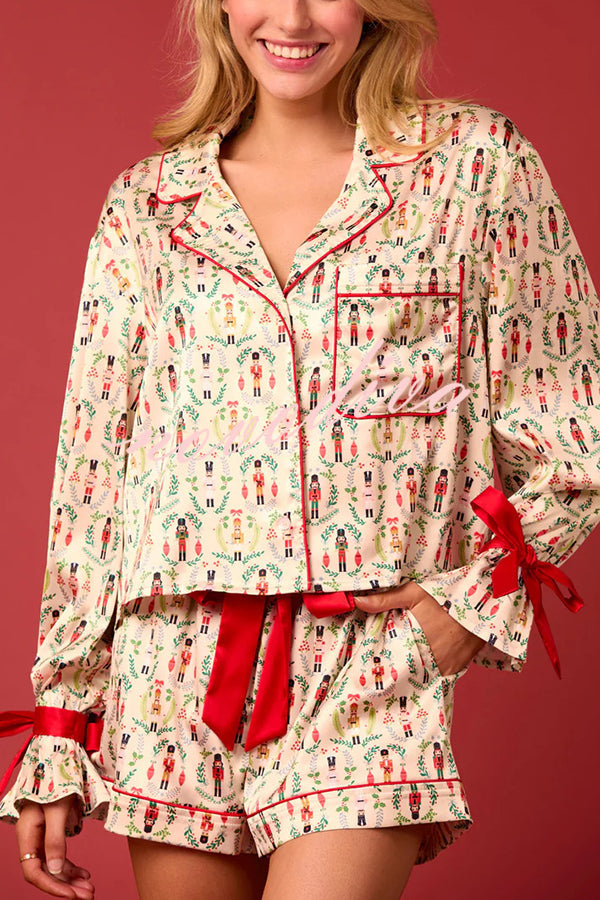 Mirla | Jultryck Snörning Ribbad Topp och Elastisk Midjeband Fickor Fritids Shorts Set-Eva Jonsson