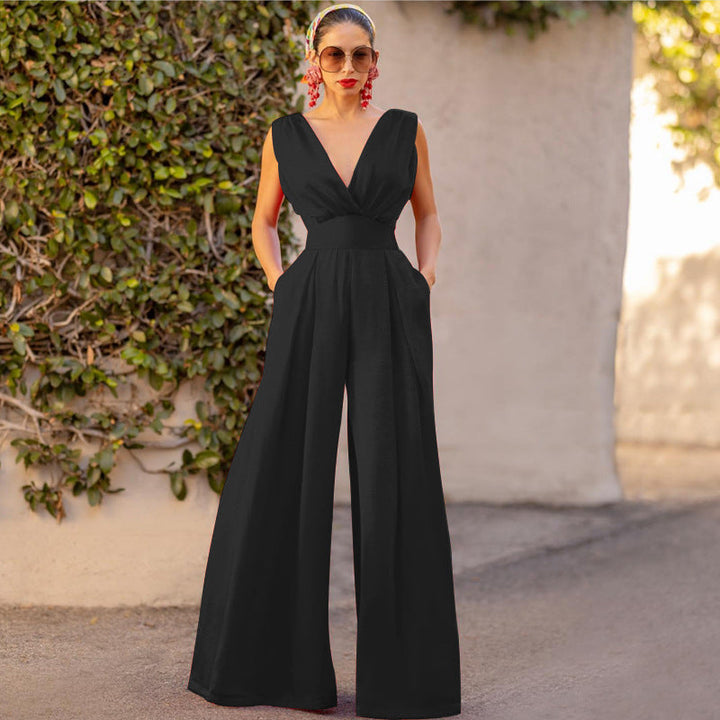 Mirla | Jumpsuit Hög Midja Ärmlös Djup V-ringning Bred Byxform Elegant Passform-Eva Jonsson