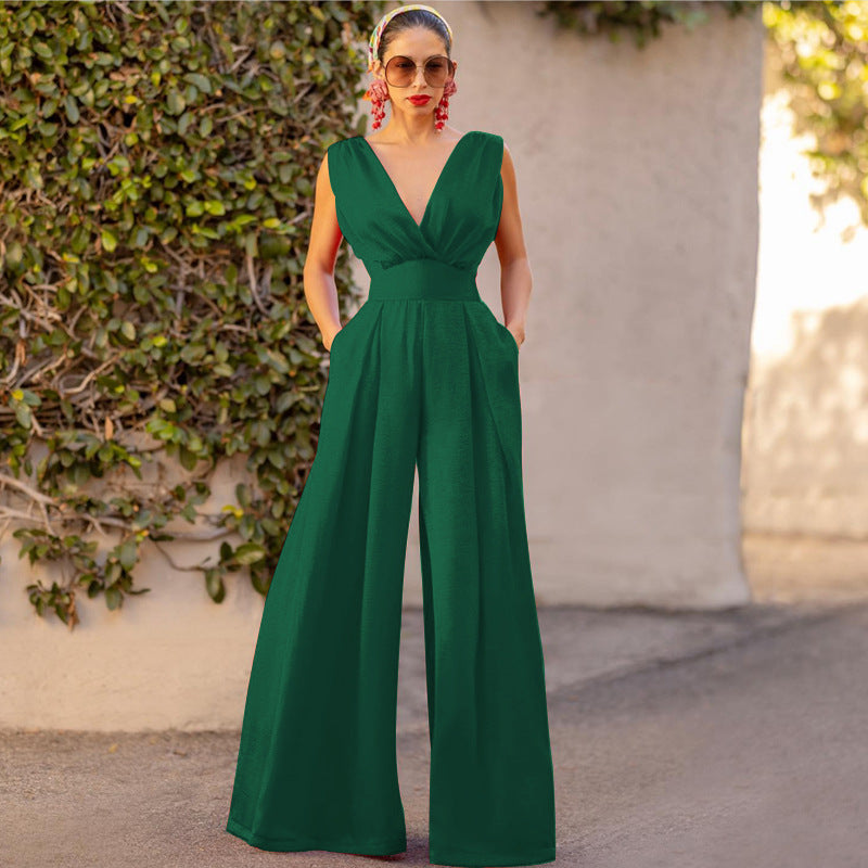 Mirla | Jumpsuit Hög Midja Ärmlös Djup V-ringning Bred Byxform Elegant Passform-Eva Jonsson