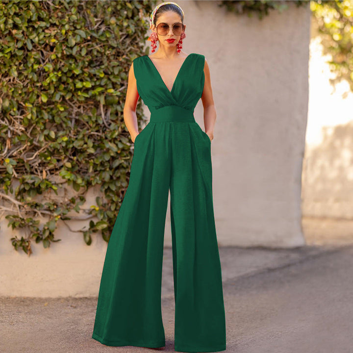 Mirla | Jumpsuit Hög Midja Ärmlös Djup V-ringning Bred Byxform Elegant Passform-Eva Jonsson