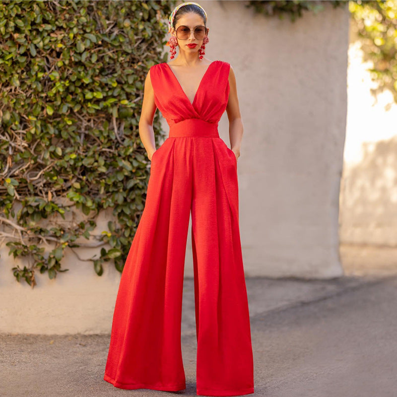 Mirla | Jumpsuit Hög Midja Ärmlös Djup V-ringning Bred Byxform Elegant Passform-Eva Jonsson