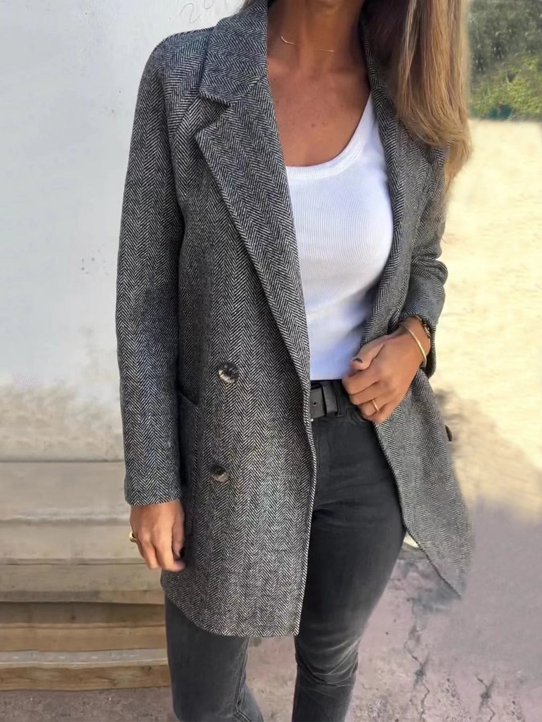 Mirla | Kappa Måttsydd Passform Ulltextur Dubbelknäppning Klassisk Revers-Eva Jonsson