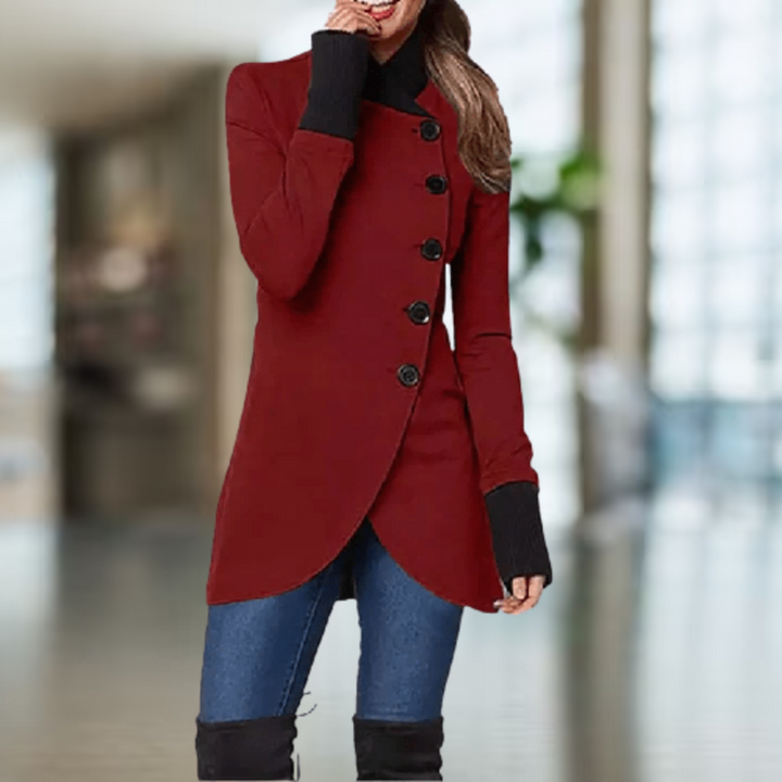 Mirla | Kappa för damer Asymmetrisk skärning Knäppning Hög krage Elegant slim fit-Eva Jonsson