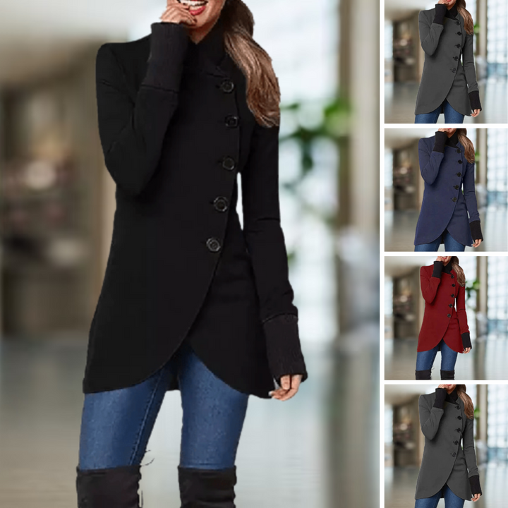 Mirla | Kappa för damer Asymmetrisk skärning Knäppning Hög krage Elegant slim fit-Eva Jonsson