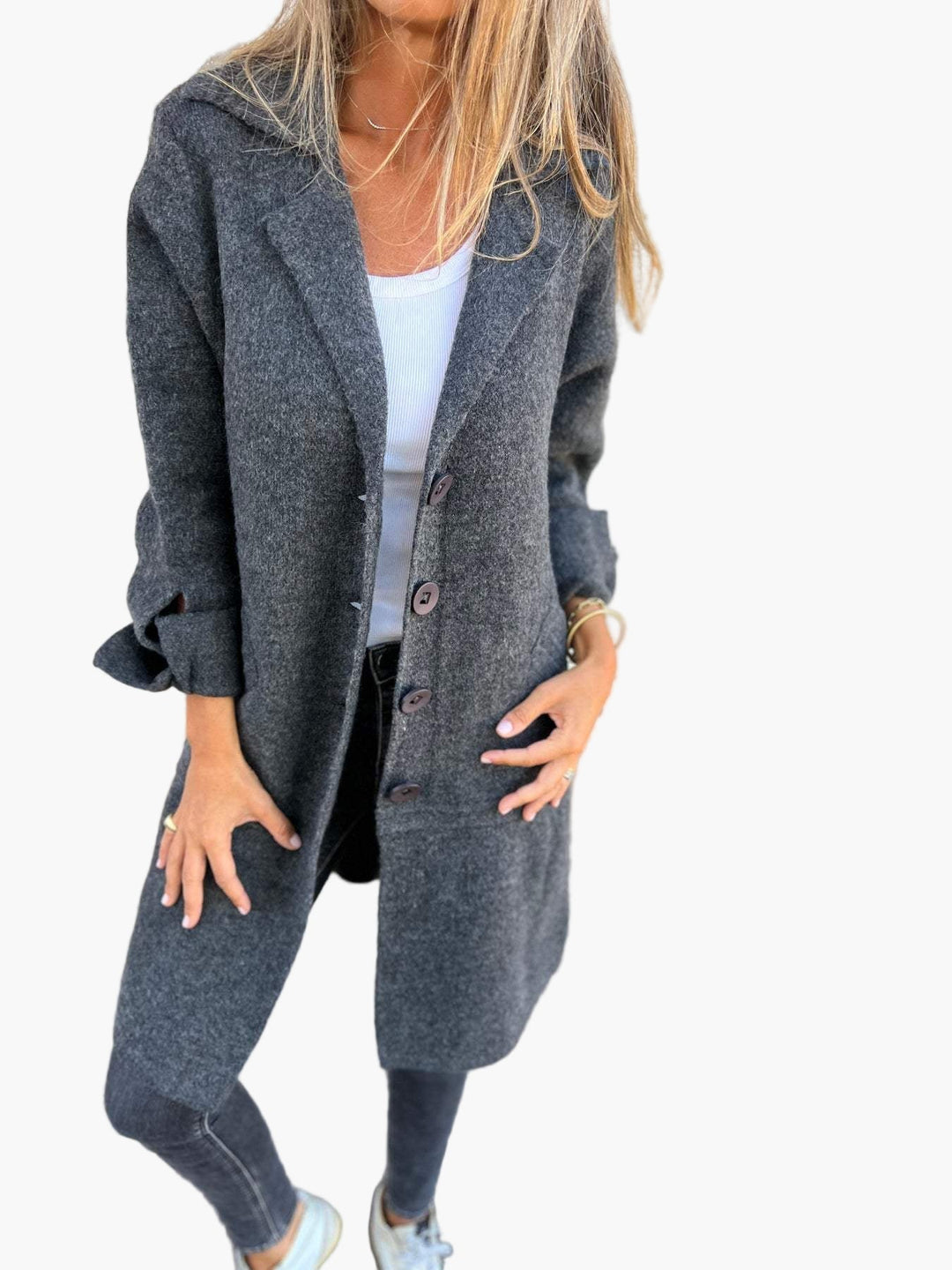 Mirla | Kappa med Elegant Revers - Lång Övergångsjacka för Vardag och Kontor-Eva Jonsson
