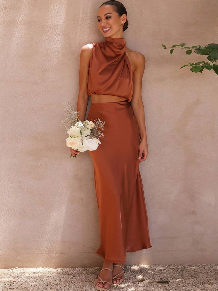 Mirla | Klänning Gäster Bröllop Damer Halterneck Ärmlös Damer Elegant Kväll Tvådelad Brudtärneklänning-Eva Jonsson
