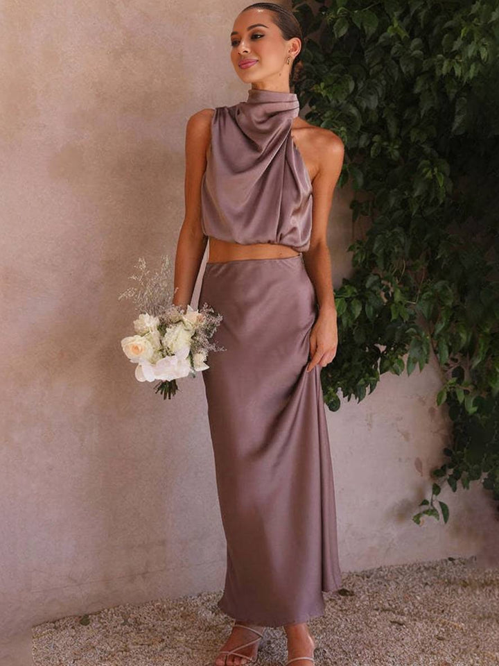 Mirla | Klänning Gäster Bröllop Damer Halterneck Ärmlös Damer Elegant Kväll Tvådelad Brudtärneklänning-Eva Jonsson