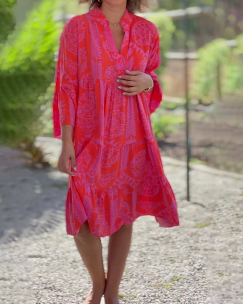 Mirla | Klänning med 3/4 ärmar och geometrisk boho-tryck-Eva Jonsson