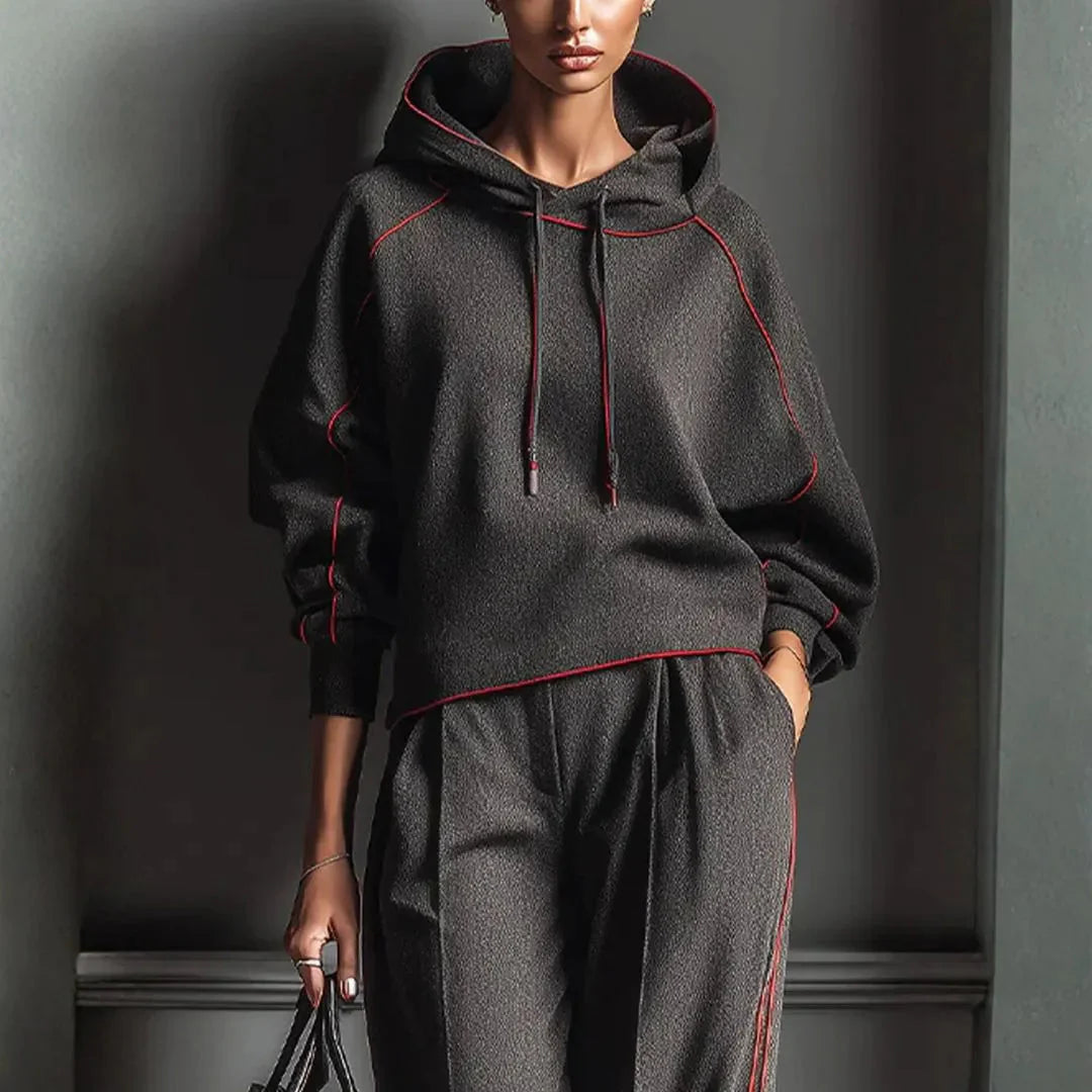 Mirla | Kolgrå Röd Kontrast Bind Hoodie-Eva Jonsson