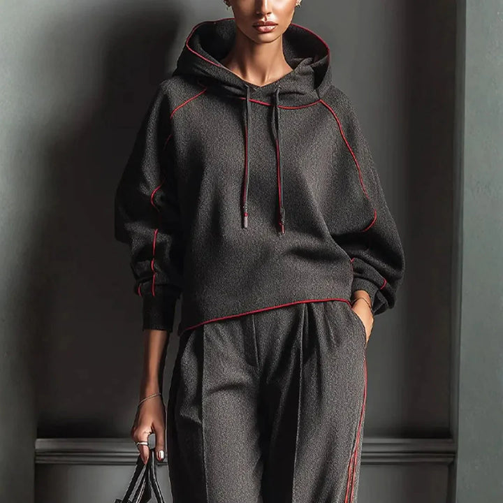 Mirla | Kolgrå Röd Kontrast Bind Hoodie-Eva Jonsson