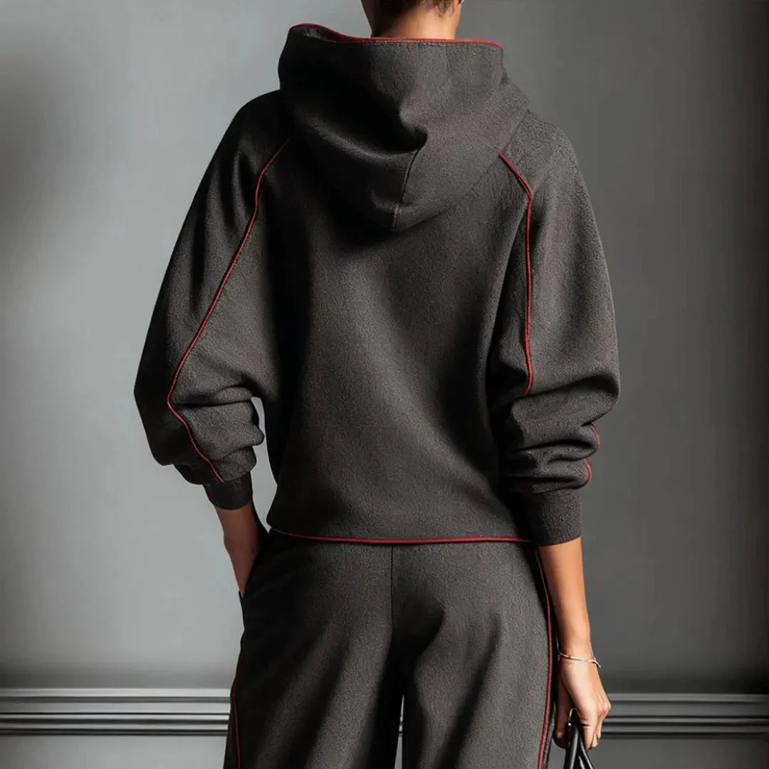 Mirla | Kolgrå Röd Kontrast Bind Hoodie-Eva Jonsson