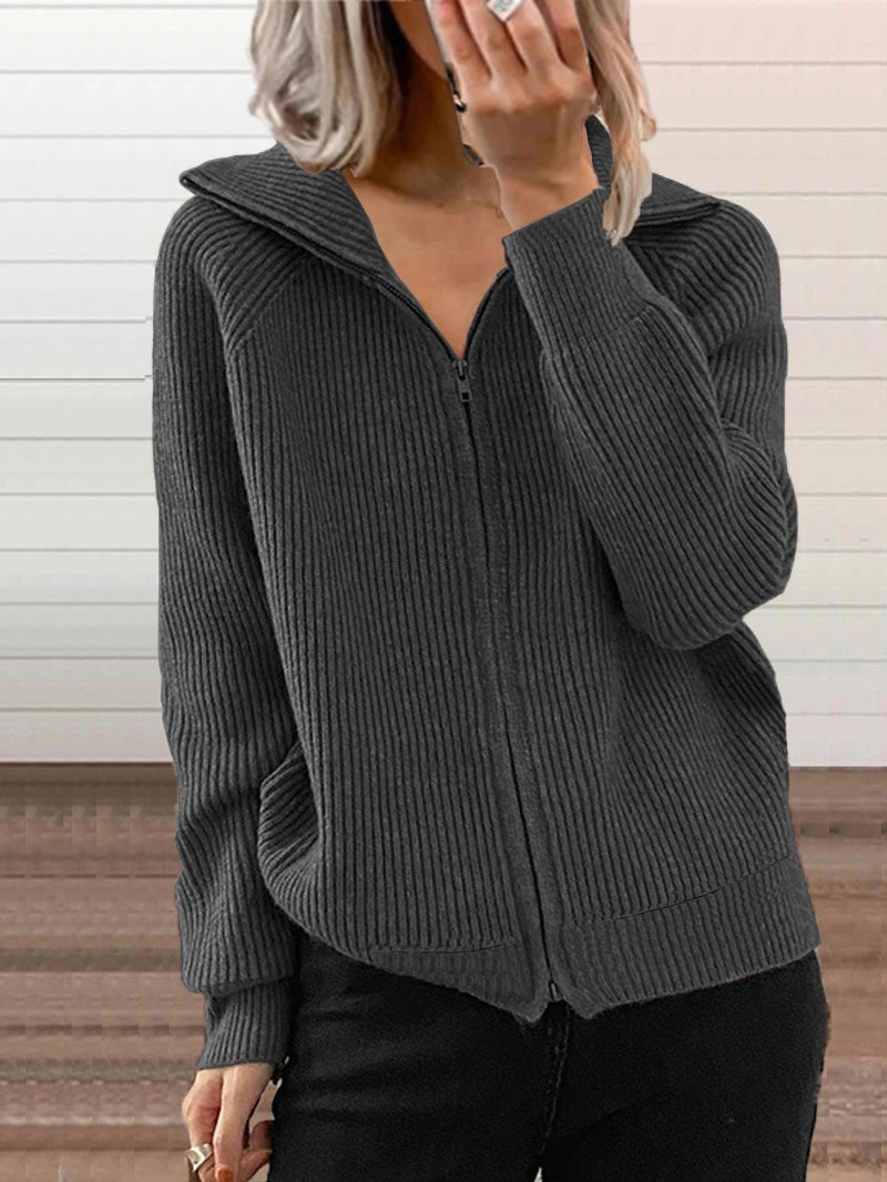 Mirla | Komfortabel Bomull Stickad Zip-Up Tröja Jacka-Eva Jonsson