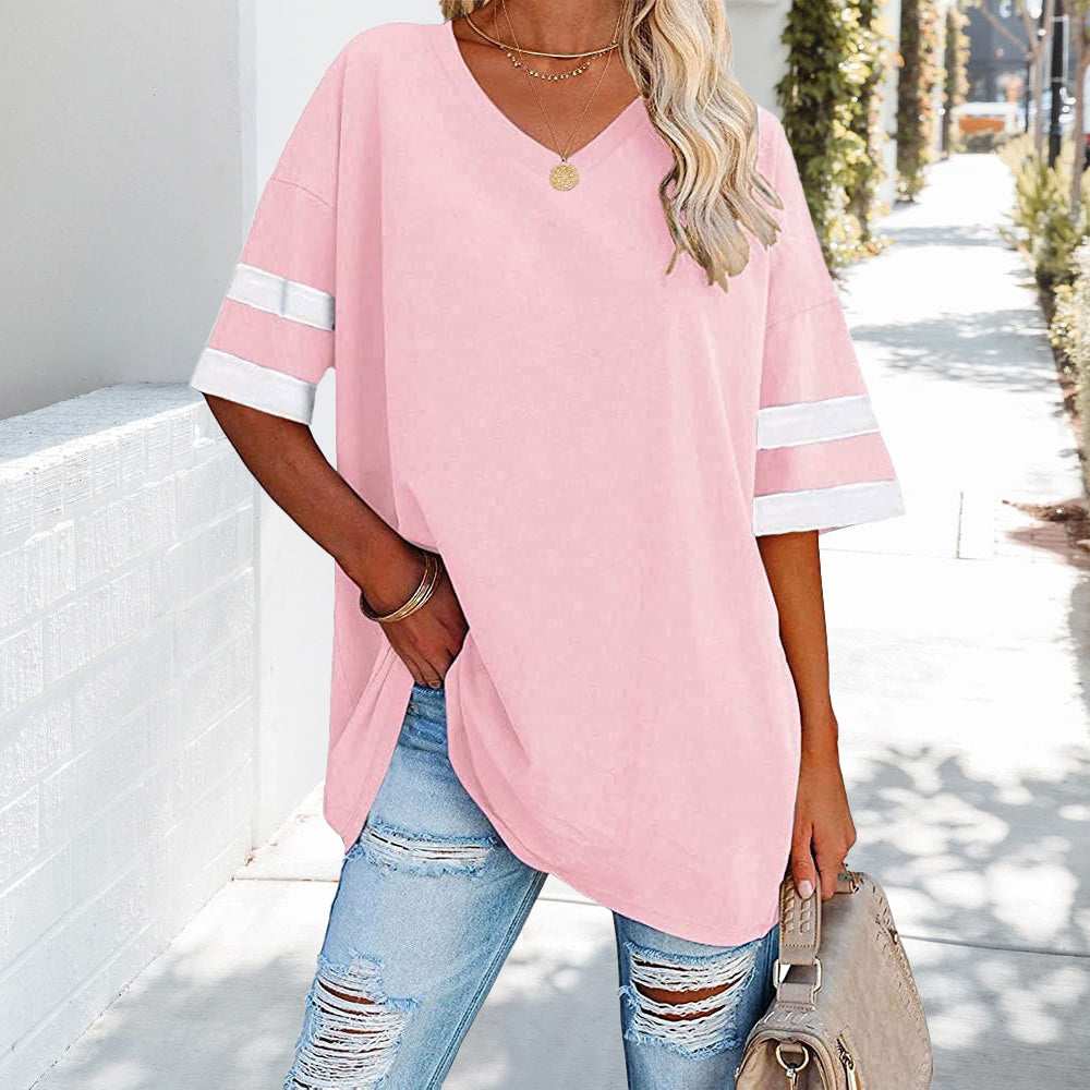 Mirla | Kontrastfärgade, Lösa Dam T-shirt med V-hals-Eva Jonsson