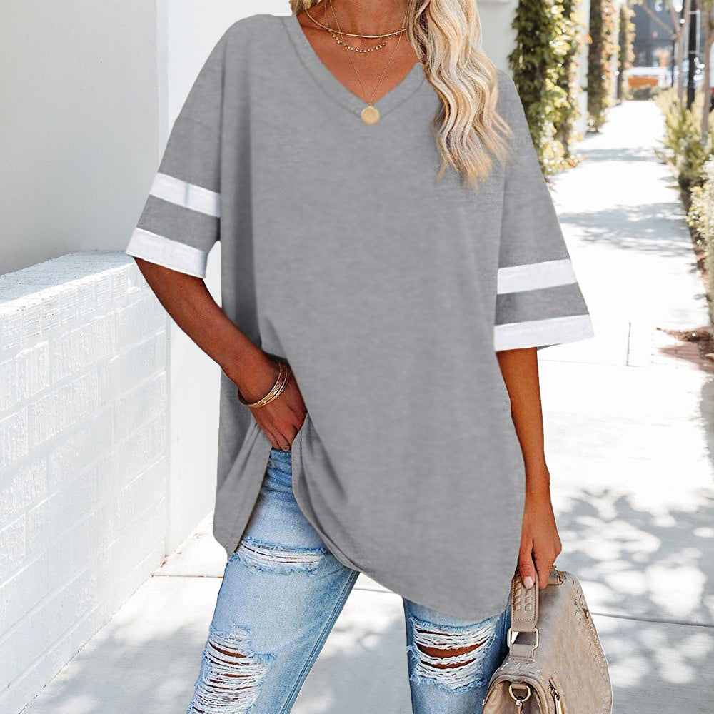 Mirla | Kontrastfärgade, Lösa Dam T-shirt med V-hals-Eva Jonsson
