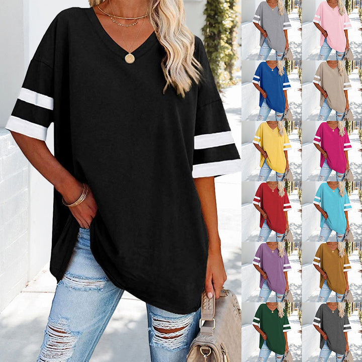 Mirla | Kontrastfärgade, Lösa Dam T-shirt med V-hals-Eva Jonsson
