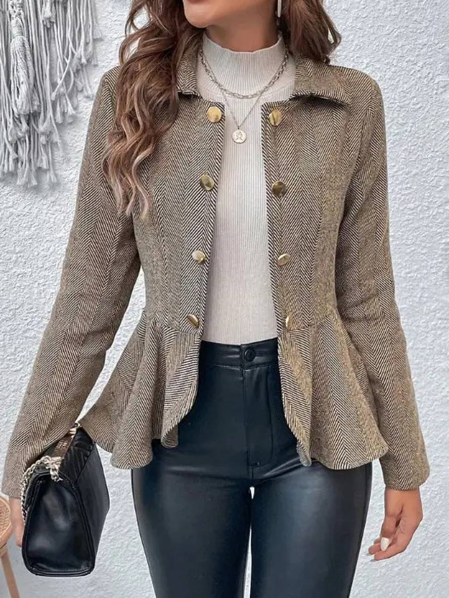 Mirla | Kort Blazer Chevron Peplum Dubbla Knappar Stängning Reverskrage Långa Ärmar Damer Elegant Lätt Jacka-Eva Jonsson